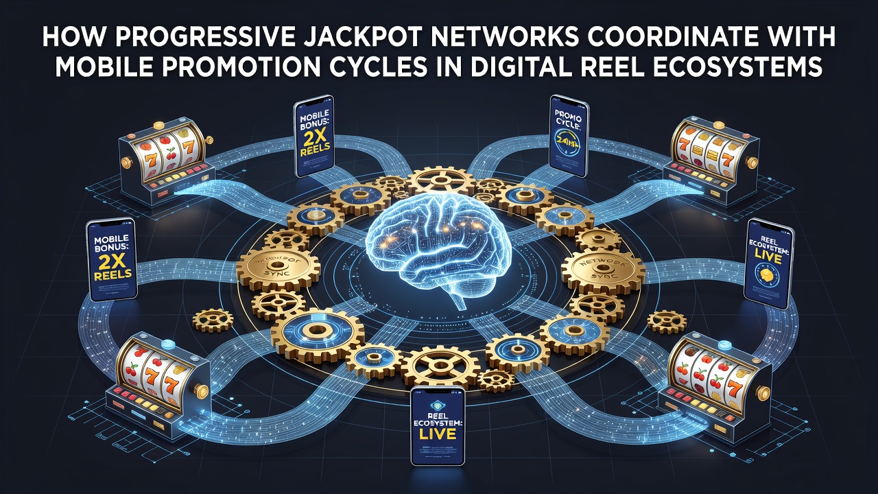 Illustration of progressive jackpot networks linking across mobile devices and digital reel platforms