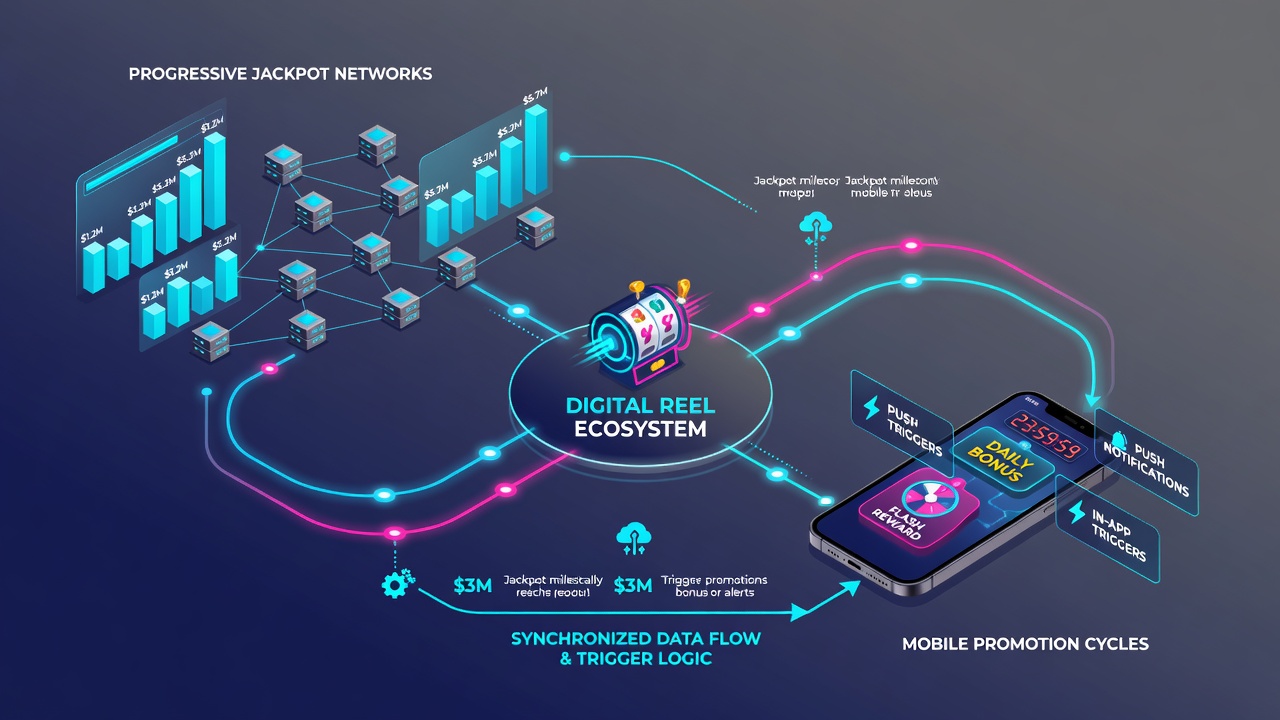 Diagram showing data flow between jackpot servers and mobile promotion dashboards in reel ecosystems
