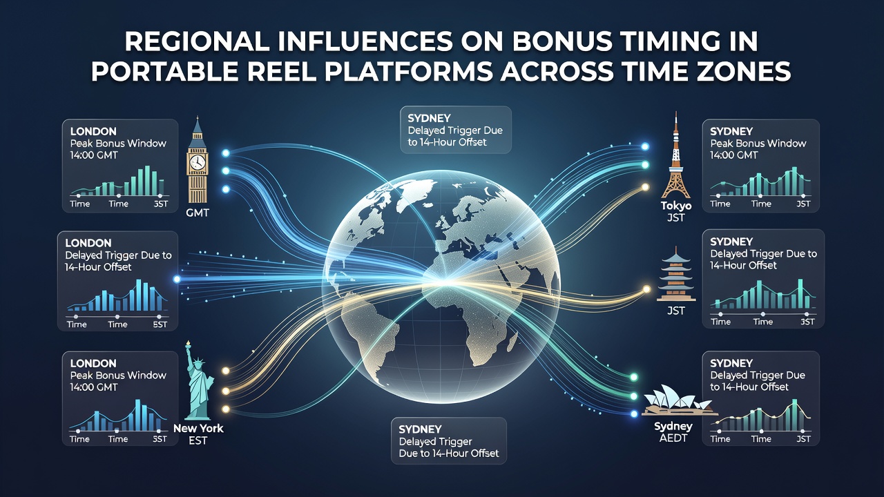 Global map overlay showing bonus timing zones for portable reel platforms