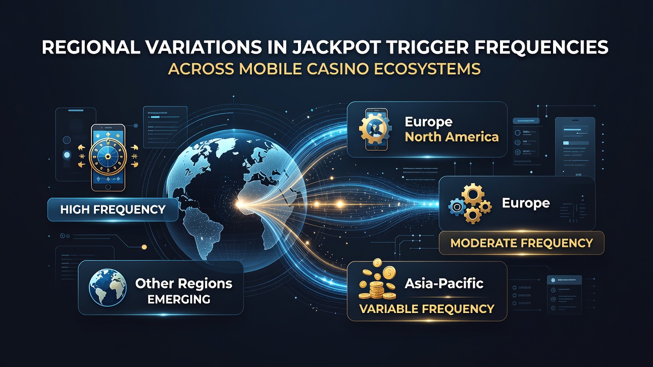 Mobile casino interface displaying regional jackpot statistics and trigger frequency maps across different continents